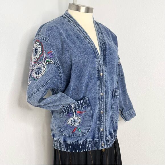 Vintage Embroidered Acid Denim Bomber Jacket Snap Front Large - Picture 1 of 8